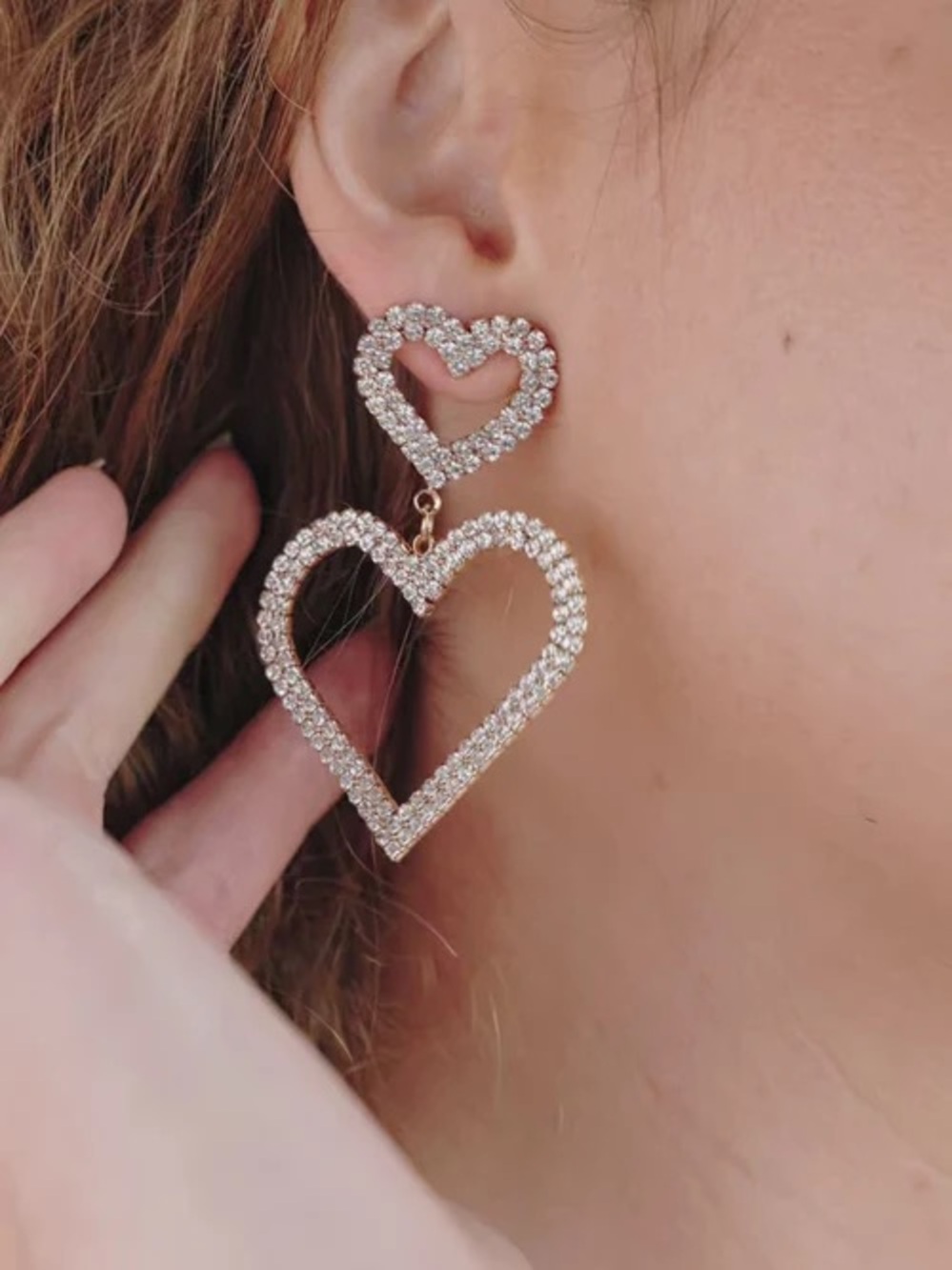 Ettika Double Trouble Open Heart Crystal Earrings 18K Gold Plated 2.5" $55